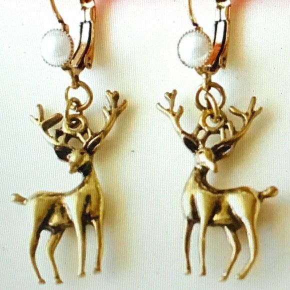 Jewelry - Deer Drop Dangle Earrings, Gold, Holidays are Coming!